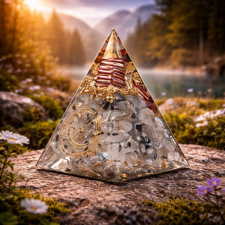 Orgonite pyramid moonstone with moon symbol