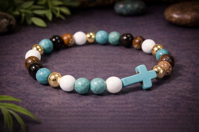 Turquoise Howlite Cross / Royal Beads - Gemstone Bracelet