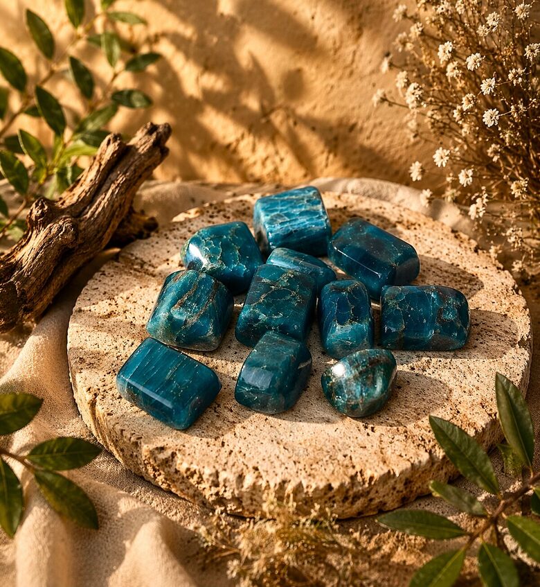 Zilais apatīts – slīpēti akmeņ