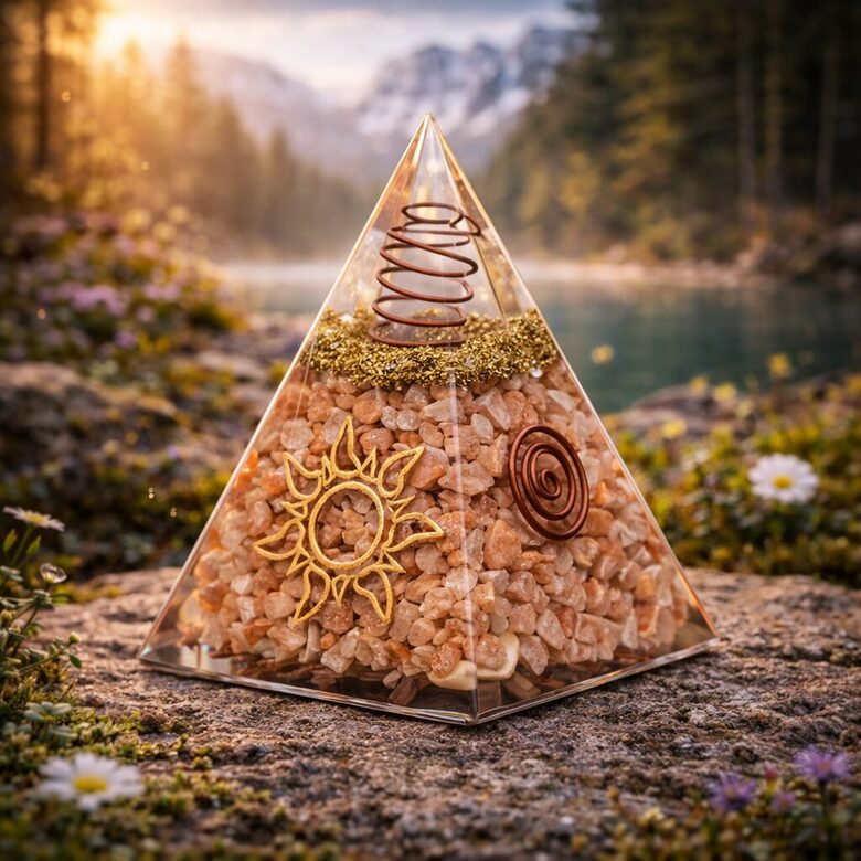 Orgonite pyramid sunstone with sun symbol