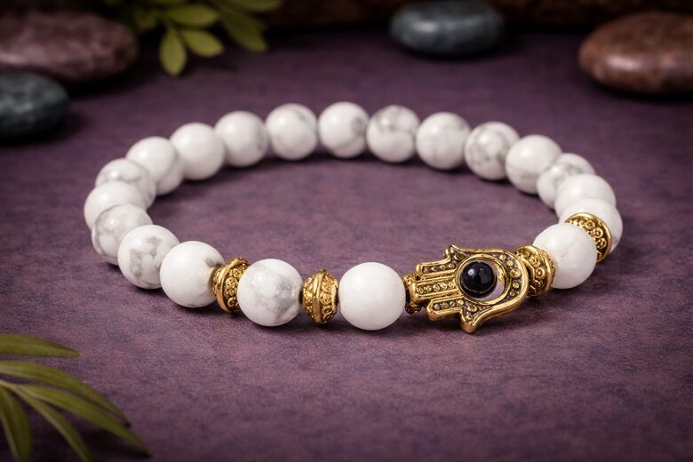 Gold Hamsa / White Stone - Gemstone Bracelet