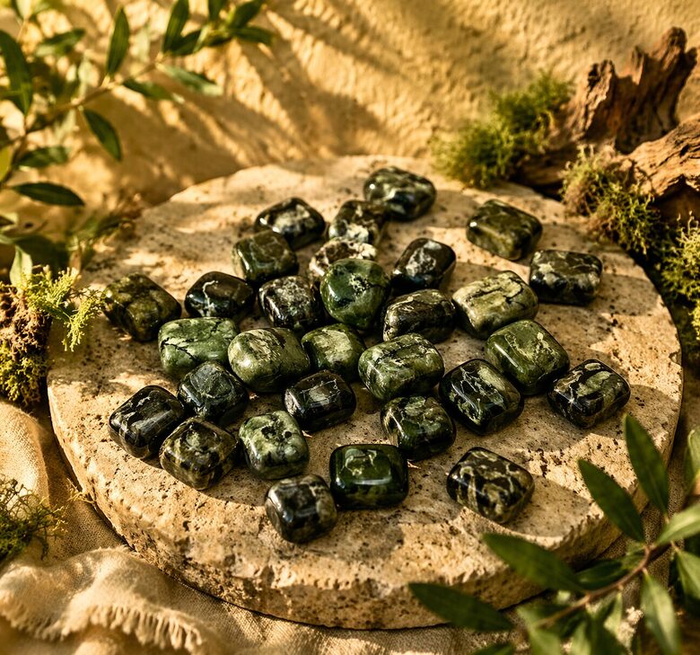 Tumši zaļais serpentīns – slīpēti akmeņi