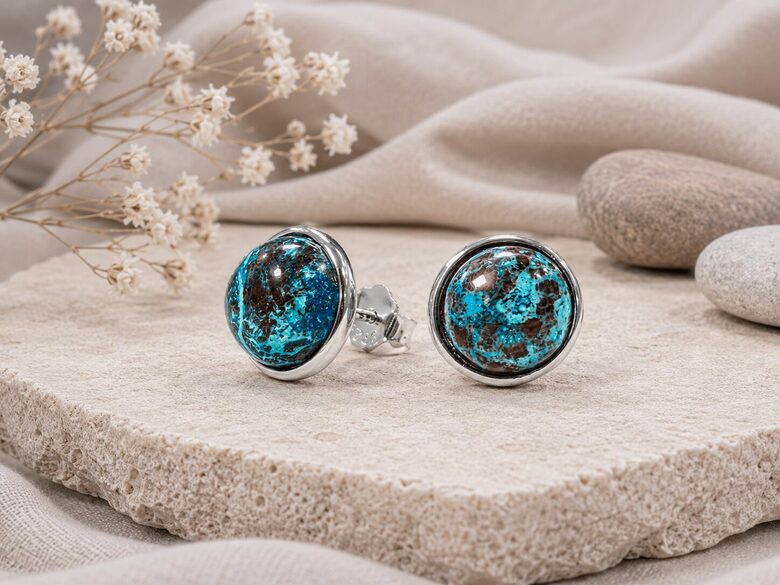 925 Silver Chrysocolla Earrings AA 8mm