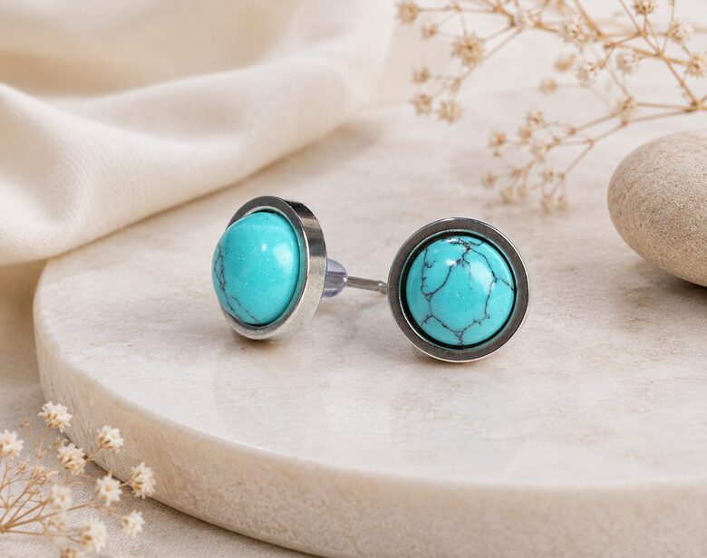 Round Turquenite Stud Earrings – Stainless Steel | 10 mm
