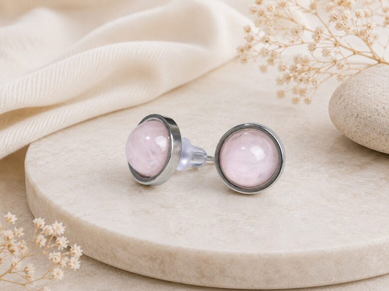 Natural Rose Quartz Stud Earrings – Stainless Steel | 10 mm