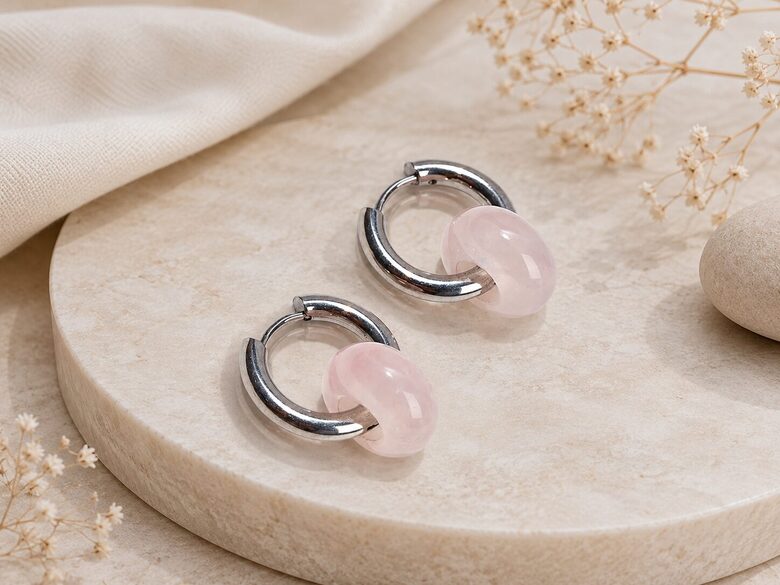 Hope Rose Quartz auskari no nerūsējošā tērauda – Dabīgais Rozā Kvarcs | 18 mm