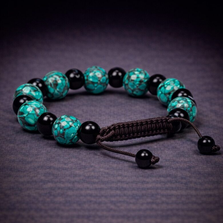 Bracelet turquoise & black agate adjustable