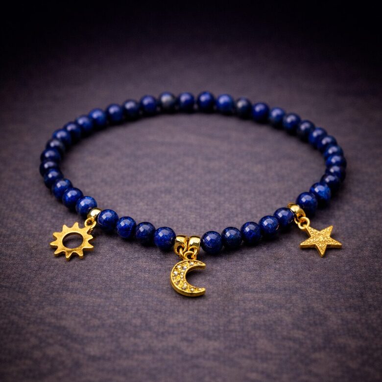 Bracelet lapis elastic with star/moon/sun charms