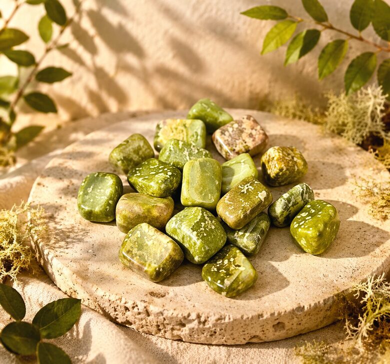 Zaļais serpentīns – slīpēti akmeņi