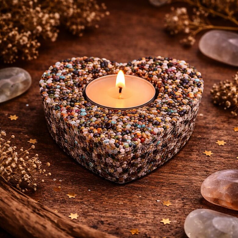 Candle holder heart mixed gemstones