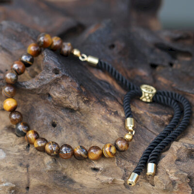 Gold Plated Gemstone Black String Bracelet - Tiger Eye