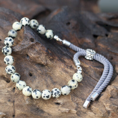 Silver Plated Gemstone Charcoal String Bracelet - Dalmatian Jasper