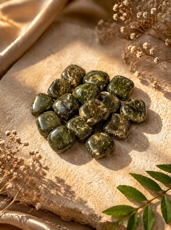 Vezonīts (Vezuvianīts / Idokrass) – dabīgais kristāls (pulēts akmens, A kvalitāte)