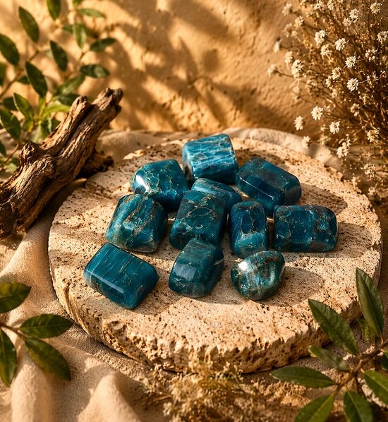 Zilais apatīts – slīpēti akmeņ