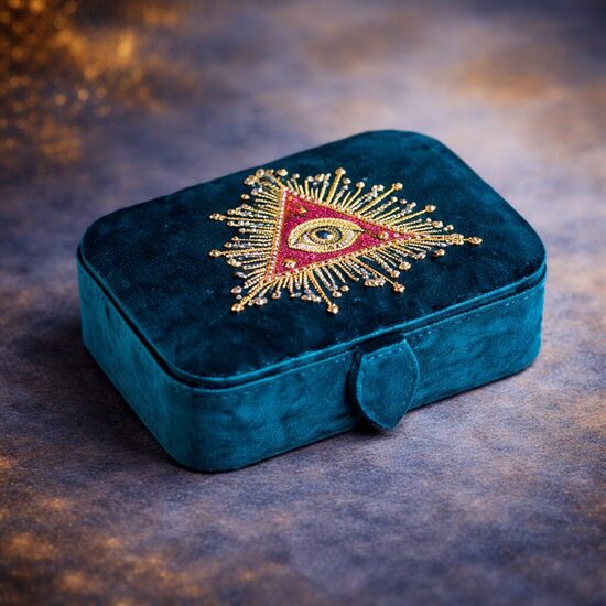  Taro kāršu lādīte  tirkīzzilās samtā ar Taro acs motīvu