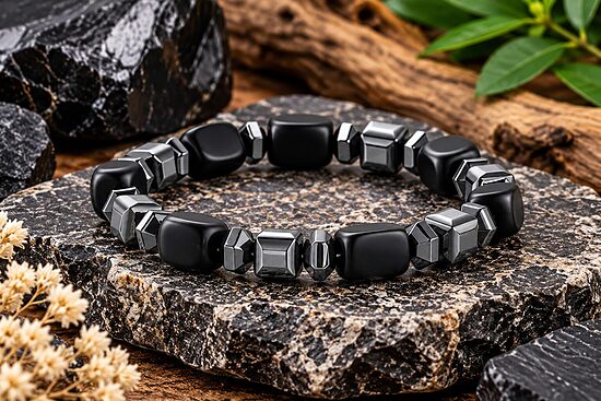 Melnā Obsidiāna un Hematīta Rokassprādze