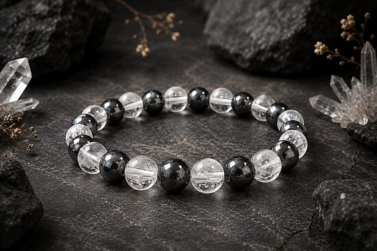 Hematite & Brazilian Rock Crystal Bracelet A – 8 mm Beads