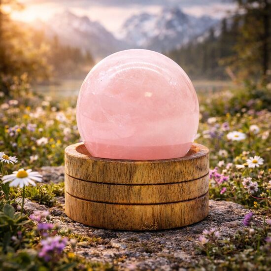 Dārgakmeņu kristāla sfēra 5*6cm - rožu kvarcs ar statīvu